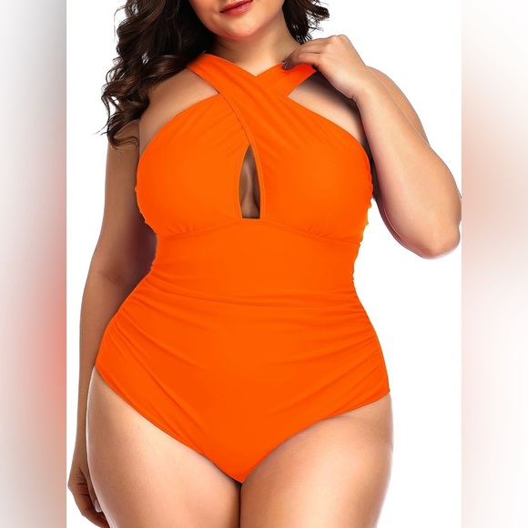 Daci Front Cross Plus Size One Piece Swimsuits Tummy Control Keyhole Orange - Picture 1 of 5